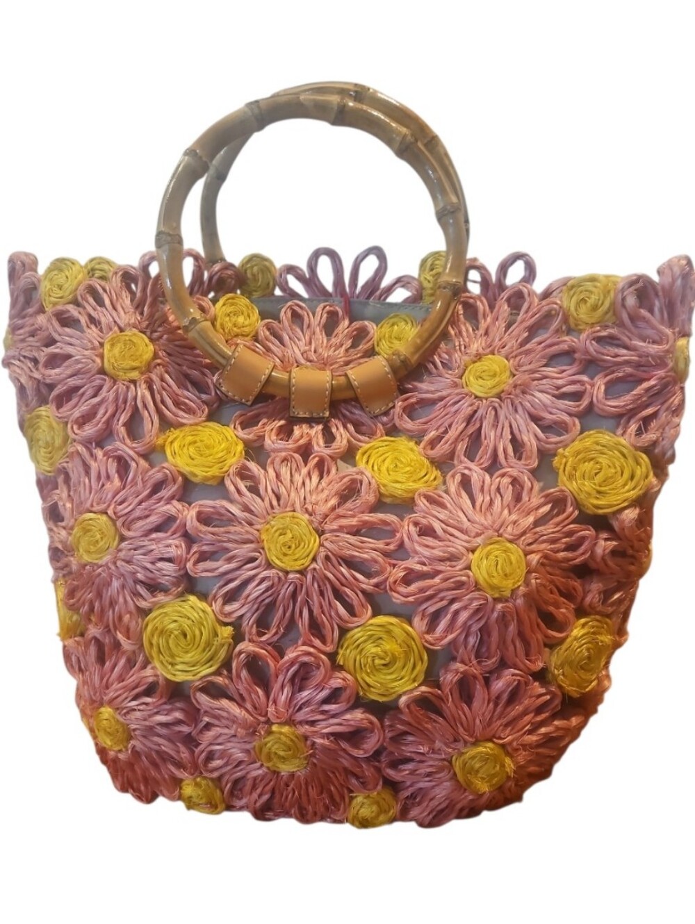 Frances Valentine Flora Raffia Tote Bag Pink Yellow Bamboo Handle NWT - Picture 7 of 11